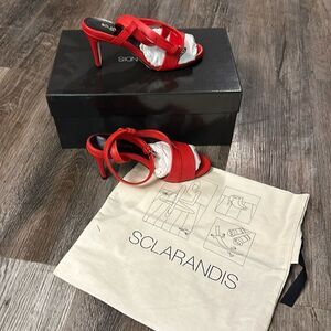 Scarlandis Diana Soft Lipstick Red Nappa Ankle-Tie Sandal with m Strap Size 35.5